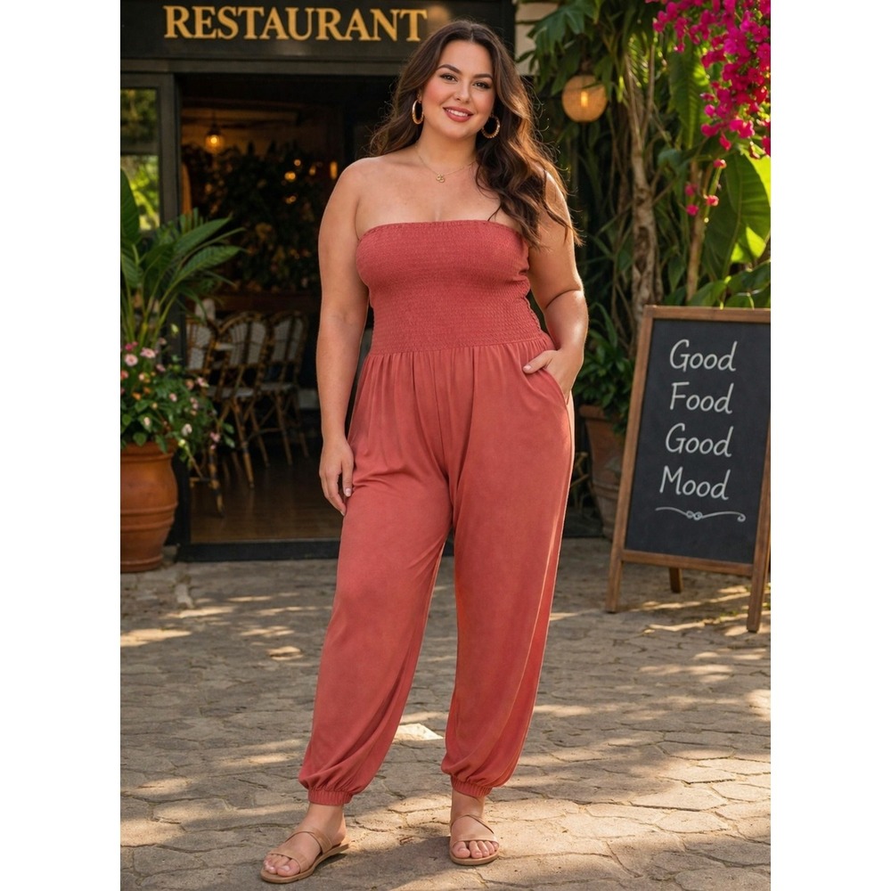 Jumpsuit Rust‎ Smocked plus size (2X)(Reg: $50)